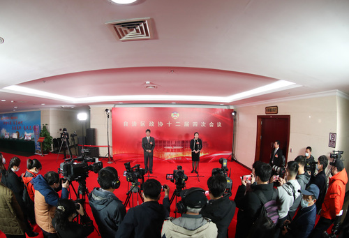 广西壮族自治区政协十二届四次会议首场“委员议事”集中采访 覃文宇摄