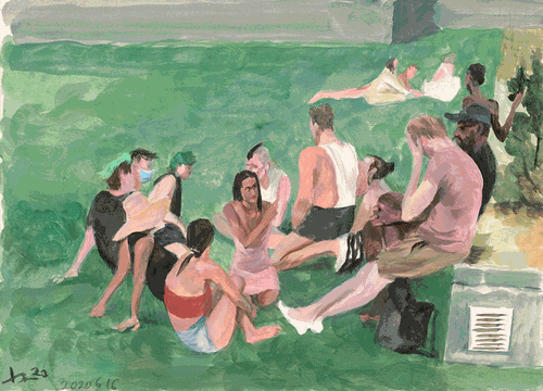 众人在纽约哈德逊河边-（纸上水彩）26x36cm2020年-刘小东