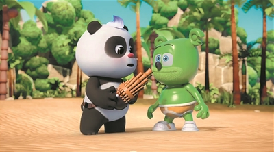 动画《熊猫和甘米熊》画面，扫描二维码可观看动画片段。